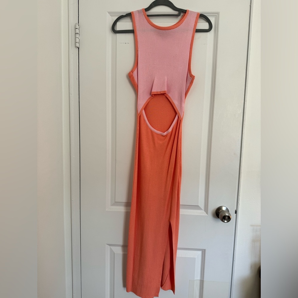 Pink and Orange Ribbed Midi Bodycon Dress with Cutout (Size M)